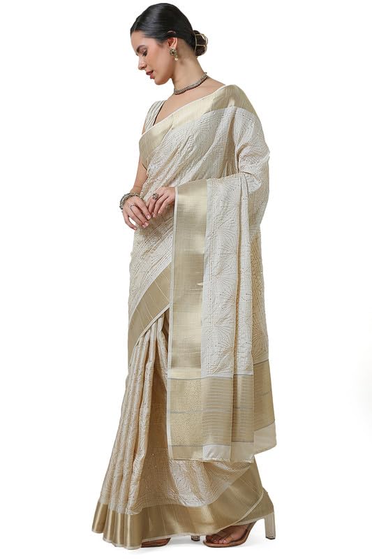 Soch Womens Beige Tussar Embroidered Saree With Sequins