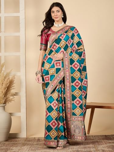 AKHILAM Women's Light Blue Viscose Silk Ethnic Motif Printed Saree With Unstitched Blouse Piece (MSTANI175B_HS)