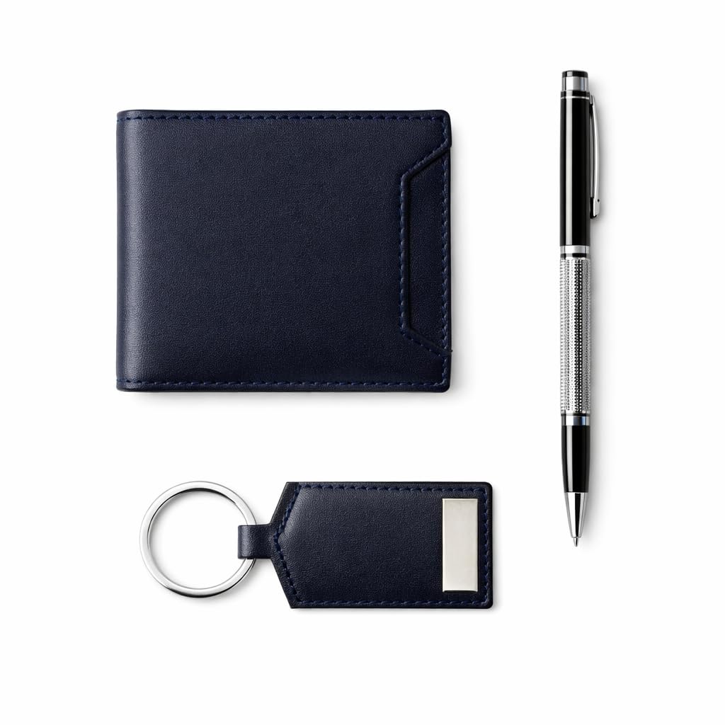 Smith & Blake - Gift Combo Set - Wallet for Men, Pen and Key Ring - Blue Leather - Fortuna