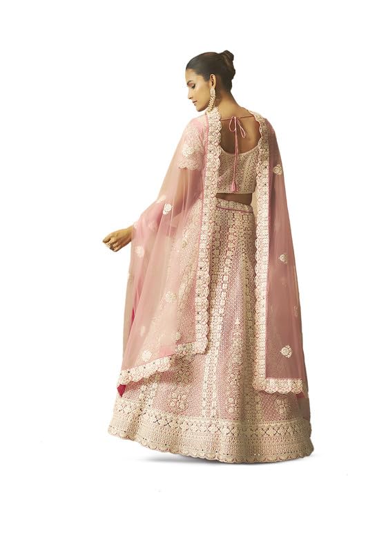 Soch Womens Pink Net All-Over Embroidered Unstitched Lehenga Set with Stonework