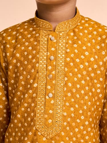 Manyavar Boys Viscose Blend Bandhani Print Kurta Pyjama Set (Mustard,2-3Y)