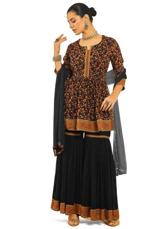 Soch Womens Black Georgette Floral Print Sharara Suit Set