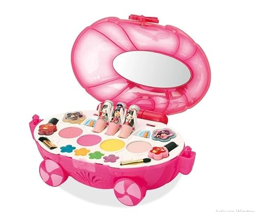 Kids Makeup Kit for Girls with Mirror, Portable Beauty Play Set with Pretend Lipsticks, Eyeshadow Palette, Brush & Cosmetic Accessories, Princess Role Play Gift Toy