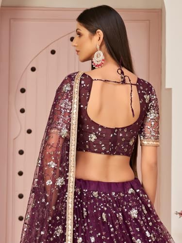 Zeel Clothing Womens Net Lehenga Choli Semi-Stitched Wine Wedding Bridal Free Size