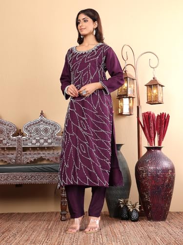 Varanga Women Purple Hand Embroidered French Knot Kurta With Tonal Bottom And Embroidered Dupatta.