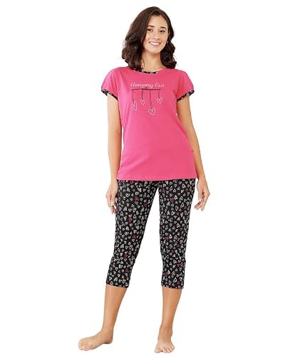 BODYCARE Women's Cotton Printed T-Shirt and Capri Set | Soft & Breathable Nightwear | Short Sleeves | Loungewear Co-Ord Set| BSCS16027_85 Multicolour