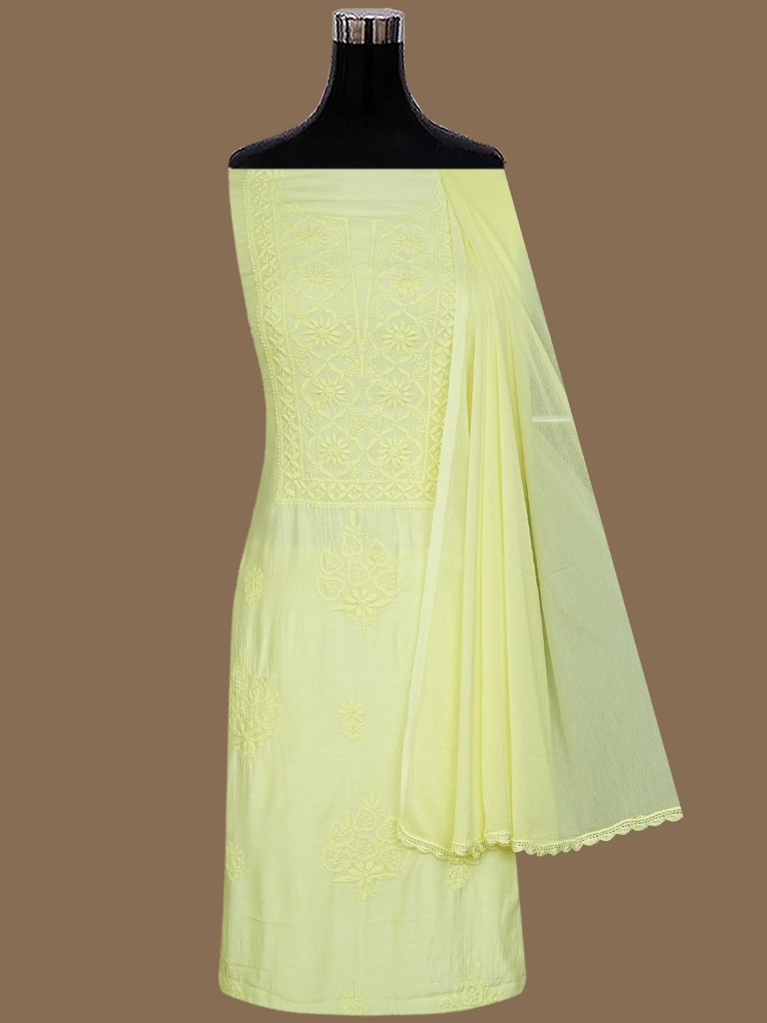 Ada Hand Embroidered Lucknowi Chikankari Unstitched Muslin Dress Material Suit Piece with Dupatta for Women 01A773428 Lemon