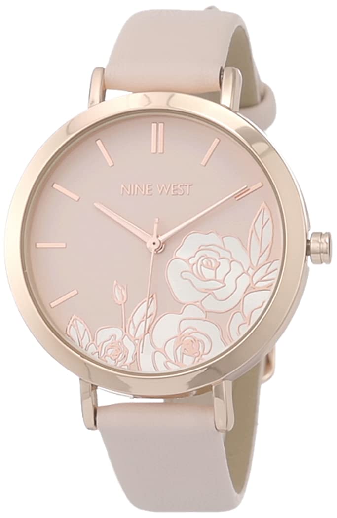 Nine West Women's Floral Dial Strap Watch, Pink/Rose Gold, Japanese