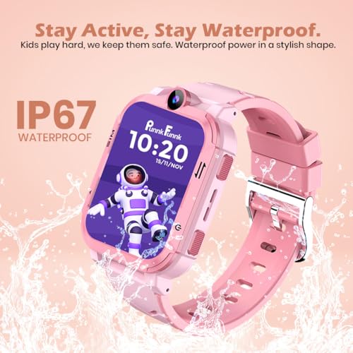 PunnkFunnk Safeguard Kids Smart Watch 5G/4G with SIM Calling, GPS Tracker, Video Calling, SOS Alerts, Face Unlock, Voice Chat, Games, IP67 Waterproof, 800mAh Battery (Pink)