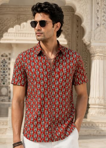 Majestic Man Men's Printed Pure Cotton Casual Shirt | Half Sleeve | Slim Fit | Collared Neck | Sanganeri/Jaipuri/Prints (in, Alpha, 2XL, Plus, Bright Rust)