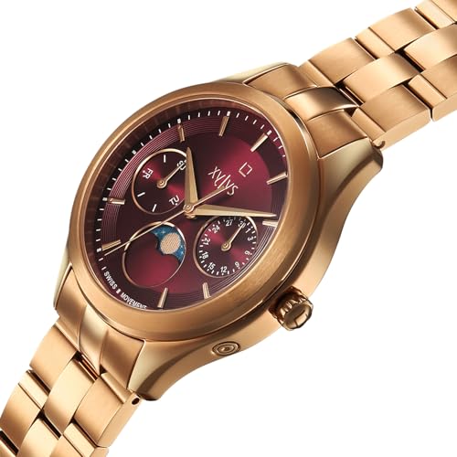 Xylys Amaris with Multifunction with Moon Phase Quartz Maroon Dial Rose Gold Stainless Steel Strap Watch for Women - 45017WM01E