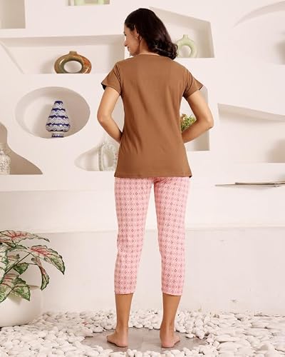 BODYCARE Women's Cotton Printed T-Shirt and Capri Set | Soft & Breathable Nightwear | Short Sleeves | Loungewear Co-Ord Set| BSCS16023_85 Multicolour