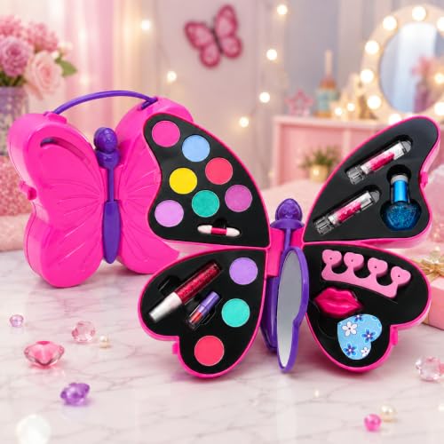 Jugutoz 2-in-1 Butterfly Makeup & Nail Art Kit for Kids | Big Pretend Play Beauty Case | Non-Toxic Cosmetic Set with Nail Accessories | Gift for Boys & Girls