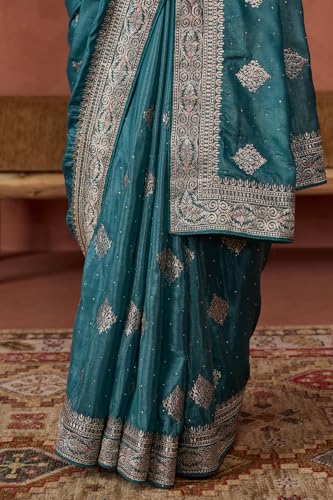 Soch Womens Turquoise Blue Fendy Georgette Embroidered Saree With Stone Work