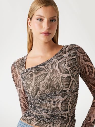 GUESS Women's Phyton Natural Skin Printed Asymmetrical Full Sleeve Bernardette Slinky Mesh Top
