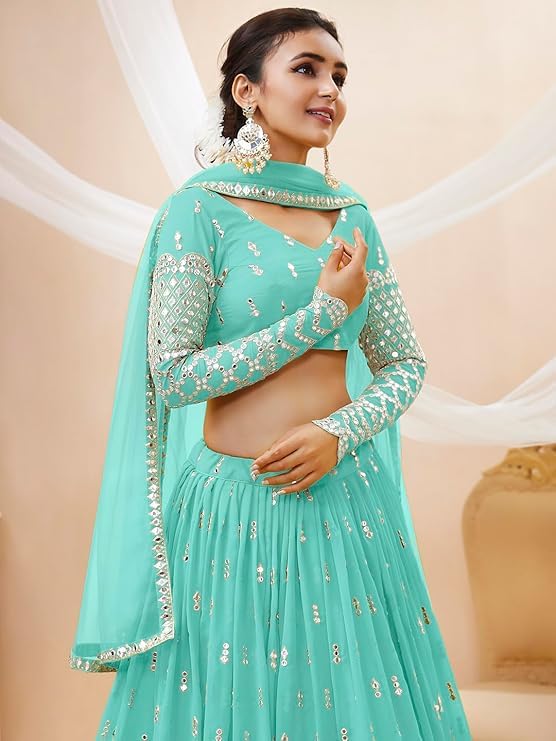 TIMELESS SHOPING Wondrous Women's Indian Traditional Pure Silk Lehenga Choli With Blouse, Color Sky Blue