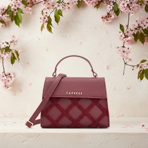 Caprese Athena Small Chenille Embroidery Faux Leather Satchel for Women | Elegant Multi-Compartment Shoulder Handbag with Adjustable & Detachable Strap | Premium Magnetic Button Closure (Cherry)