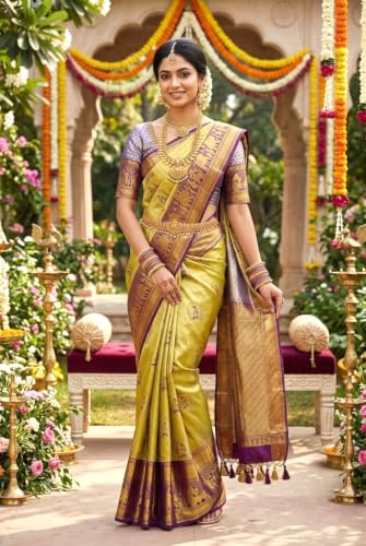 VFCollections Women's Traditional Handloom Kanchipuram Silk Pure Pattu Sarees | Rich Zari Woven Design | Unstitched Blouse (VFC483-3)