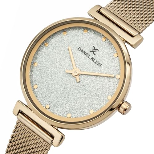 Daniel Klein Analog Silver Glitter Round Dial Rose Gold Mesh Strap Water-Resistant Wrist Watch for Women Girls, Ladies DK12070-3