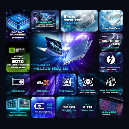Acer Predator Helios Neo 16, Intel Core i7-14650HX, NVIDIA GeF RTX 5070-12GB DR7, 16GB DDR5/ 1TB SSD, 16"/40.6cm WQXGA IPS, 180Hz/92Whr, Win 11H, Abyss Black, 2.5Kg, PHN16-I31, RGB KB, Gaming Laptop