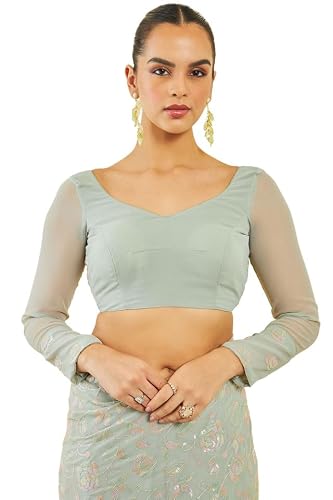 Soch Womens Sap Green Georgette Saree With Floral Embroidery And Sequins