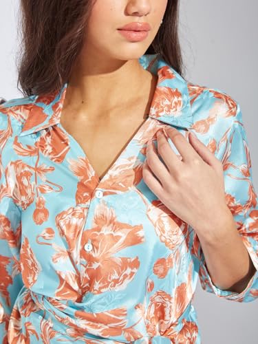 Latin Quarters Women Brown Floral Printed Collar Neck 3/4 Sleeve Top | Polyester Stretch Shirt with Side Tie & Button Closure