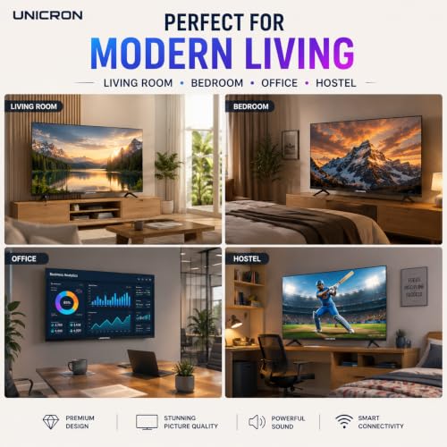 UNICRON 32 Inch Android Smart TV with Voice Control Remote Command, HD Ready LED Television with WiFi, 30W Sound Speaker with Premium Frameless Design, Built in Apps Compatible