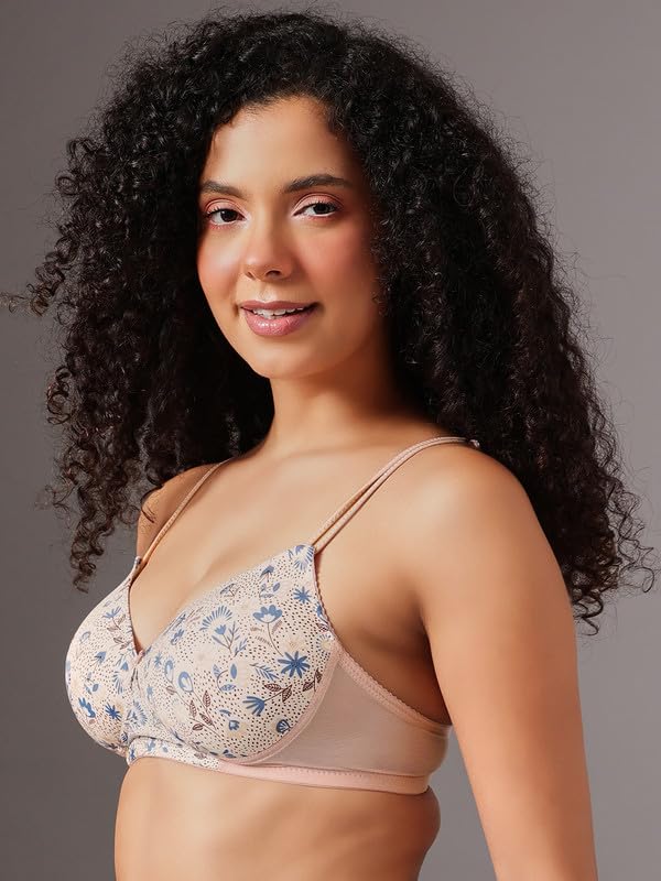 Clovia Women's Printed Padded Non-Wired T-Shirt Bra with Adjustable Dual Straps (BR1737D24_Peach_34D)
