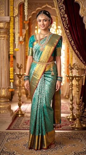 SREE KUMARAN Women's Kanchipuram Silk Pure Pattu Sarees - Seft Design - | Unstitched Blouse (VSK102-1)