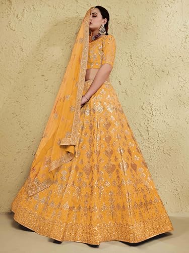 Zeel Clothing Women's Silk Semi-Stitched Thread Sequins Embroidery Bridal New Lehenga Choli with Dupatta (7055-Yellow-Wedding-Bridal-Stylish-Latest; Free Size)