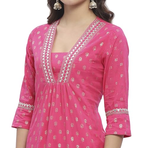 BIBA Women Cotton Printed Kurta Sets (SKDNAGMA10833SS25FUS_Fuchsia, XL