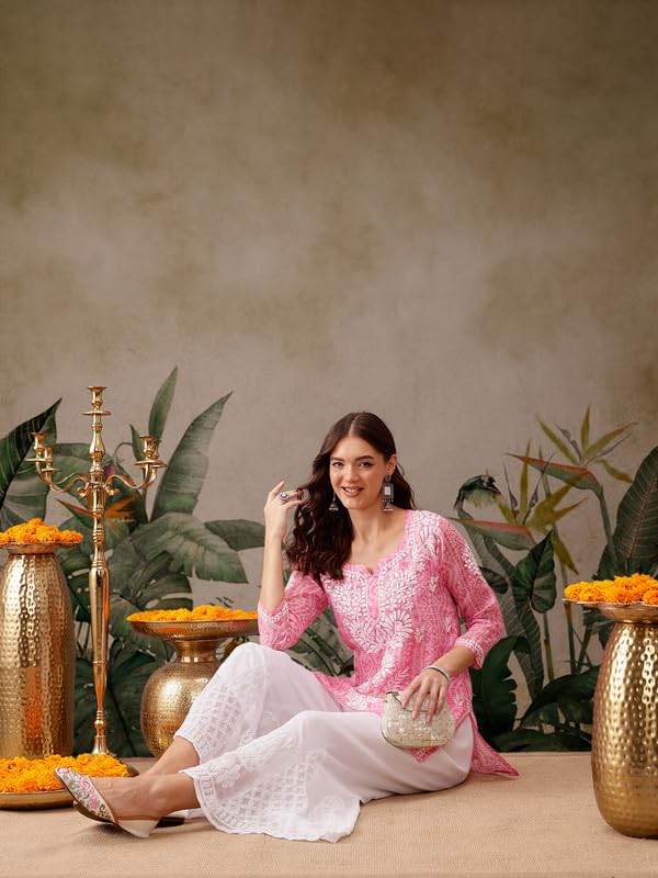 Ada Hand Embroidered Lucknowi Chikankari Printed Kota Doria Short Kurti Top Tunic with Slip for Women A911442 Pink (2XL)
