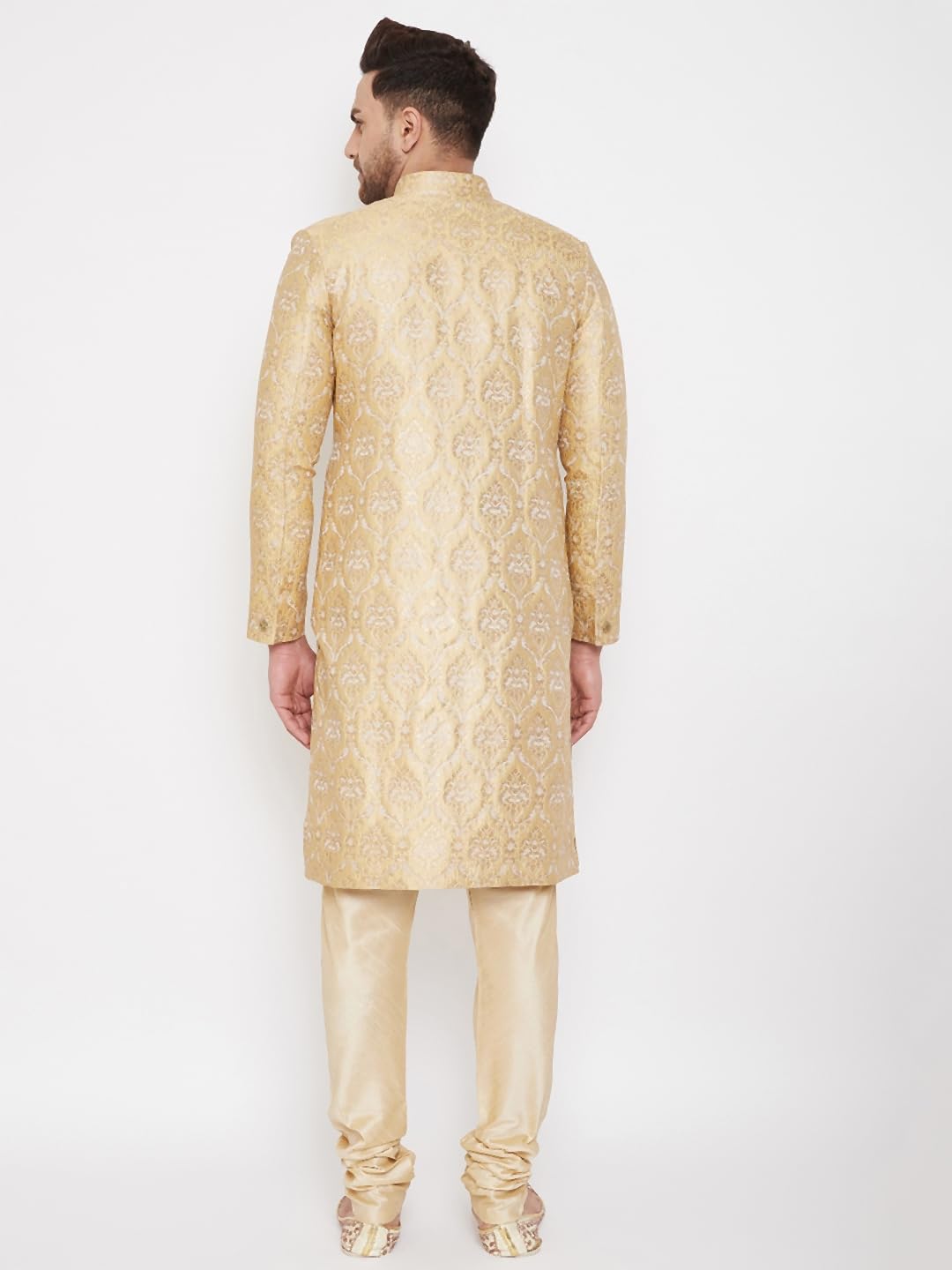 VASTRAMAY Men's Gold Beige Silk Blend Sherwani Set - Brocade Sherwani And Pyjama Set