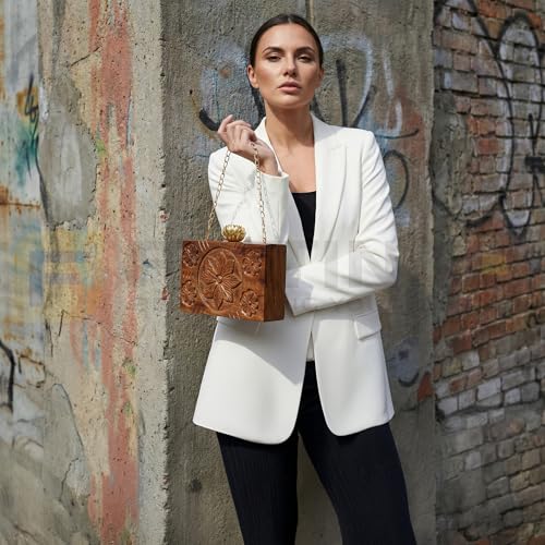 FITTINGO Wooden Clutch Purse for Women 11.5 x 5.5 x 19 cm | Rectangular Handcrafted Wooden Purse Bag with Chain | Stylish Hard Wood Clutch for Party Wedding Casual Use Premium Wooden Handbag- Model 3