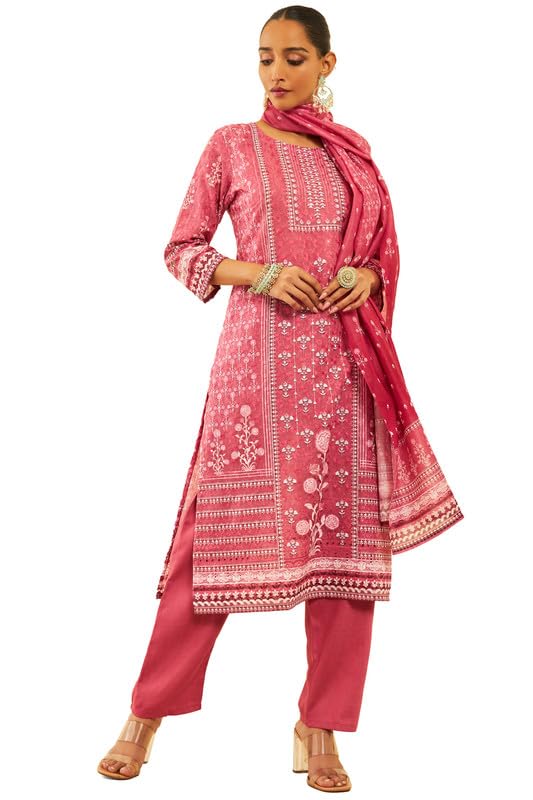 Soch Womens Onion Pink Cotton Blend Print With Embroidered Suit Set With Schiffli