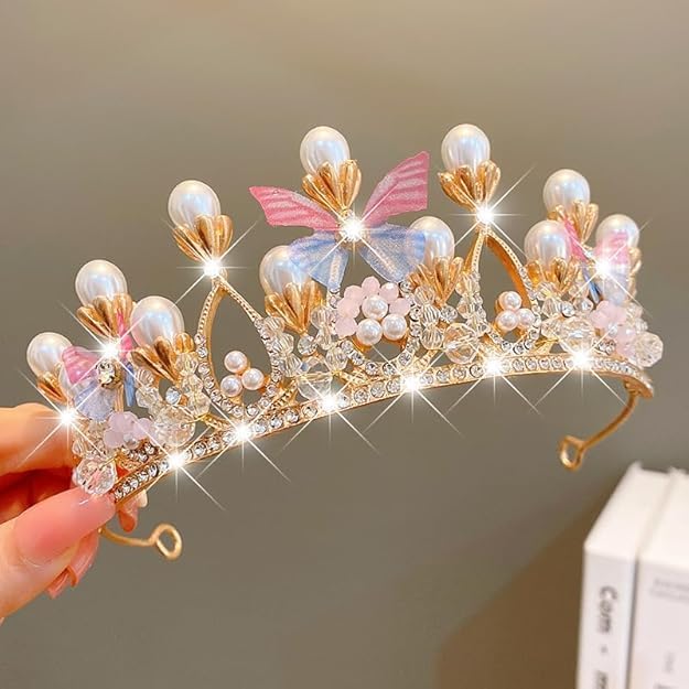 NIOFY Crystal Tiara Crown Pearl Princess Costume Crown Headband Flower Pageant Handmade Hair Accessories Cosplay,Birthday,Celebration for Girl Women