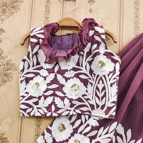 Tejam Girls Traditional Georgette Silk Floral Embroidered Readymade Crop Top With Lehenga Choli For Girls 2 To 8 Years (Onion, 6-7 Years)