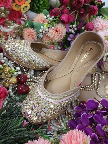 Fulkari Women Miraj Mirror Gold Formal Genuine Soft Leather Jutis | Bite and Pinch Free Juttis | Punjabi Jutti | Girl's Wedding Flat Ladies Mojari Ethnic Juti | 39