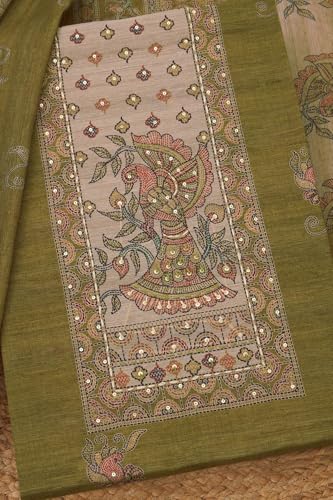 Soch Womens Olive Chanderi Ethnic Motifs Unstitched Dress Material With Sequins