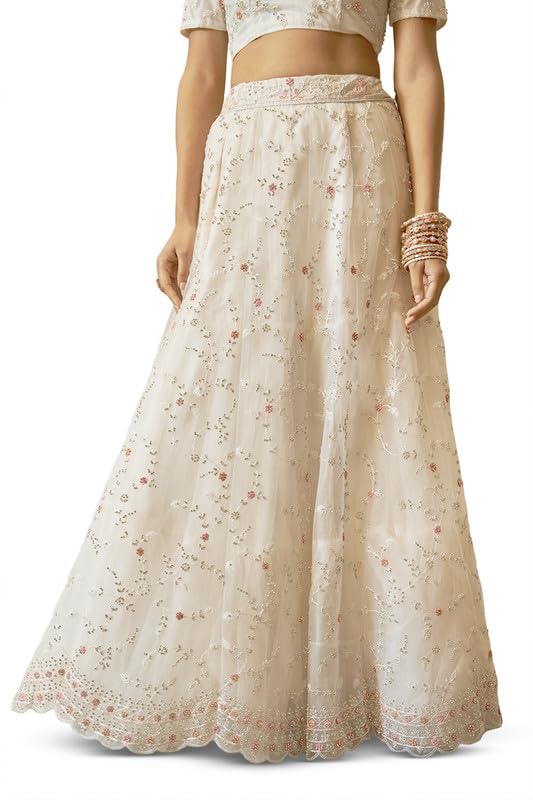 Soch Womens Off White Net Floral Embroidered Stone Embellished Unstitched Lehenga Set