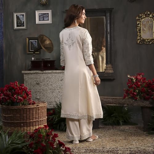 BIBA Women Off-White Cotton Silk Embroidered Kalidar Suit Set_42