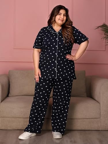 TITTLI Women Pure Cotton Printed Nightsuit | Shirt and Pyjama Set | Short Sleeve Sleepwear | Comfortable Nightwear with Pockets | Travel Nightsuit For Womens
