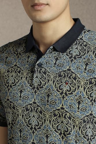 Men Navy Print Polo Neck T-Shirt