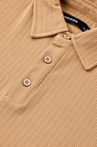 SNITCH Men's Polo T-Shirt | Ribbed Texture & Buttoned Placket | Polyester Blend Fabric, Regular Fit, Casual Wear | Beige