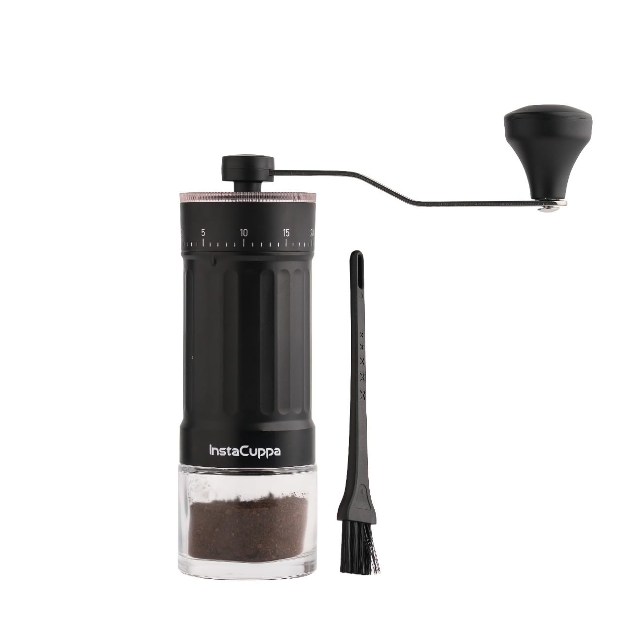 InstaCuppa Manual Coffee Bean Grinder with 40 Adjustable Grind Settings, Ceramic Burr Mill, Glass Jar, Fresh Grind for Espresso, French Press, Pour Over, Cold Brew – Portable & Easy to Clean