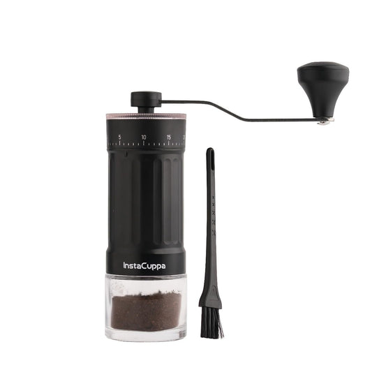 InstaCuppa Manual Coffee Bean Grinder with 40 Adjustable Grind Settings, Ceramic Burr Mill, Glass Jar, Fresh Grind for Espresso, French Press, Pour Over, Cold Brew – Portable & Easy to Clean