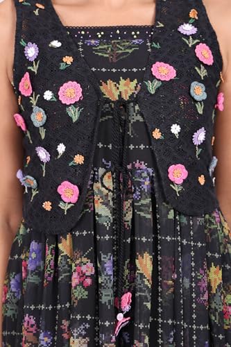 W for Woman Black Floral Printed Poly Georgette Flared Dress with Embroidered Waist Coat Set - (W12969-125847-S)