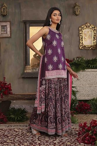 BIBA Women Purple Chanderi Digital Printed Garara Straight Suit Set_38