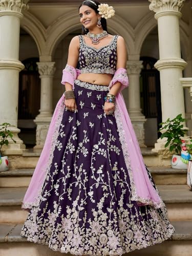 Zeel Clothing Women's Zari Sequins Embroidered Work Rangoli Silk Lehenga Choli With Dupatta (5139-Purple-Women-Lehenga-Choli; Free size)