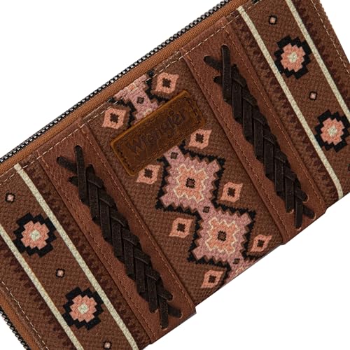 Wrangler Wallet Purse for Women Western Aztec Clutch Wristlet Wallet with Credit Card Holder, Dark Brown, Wallet